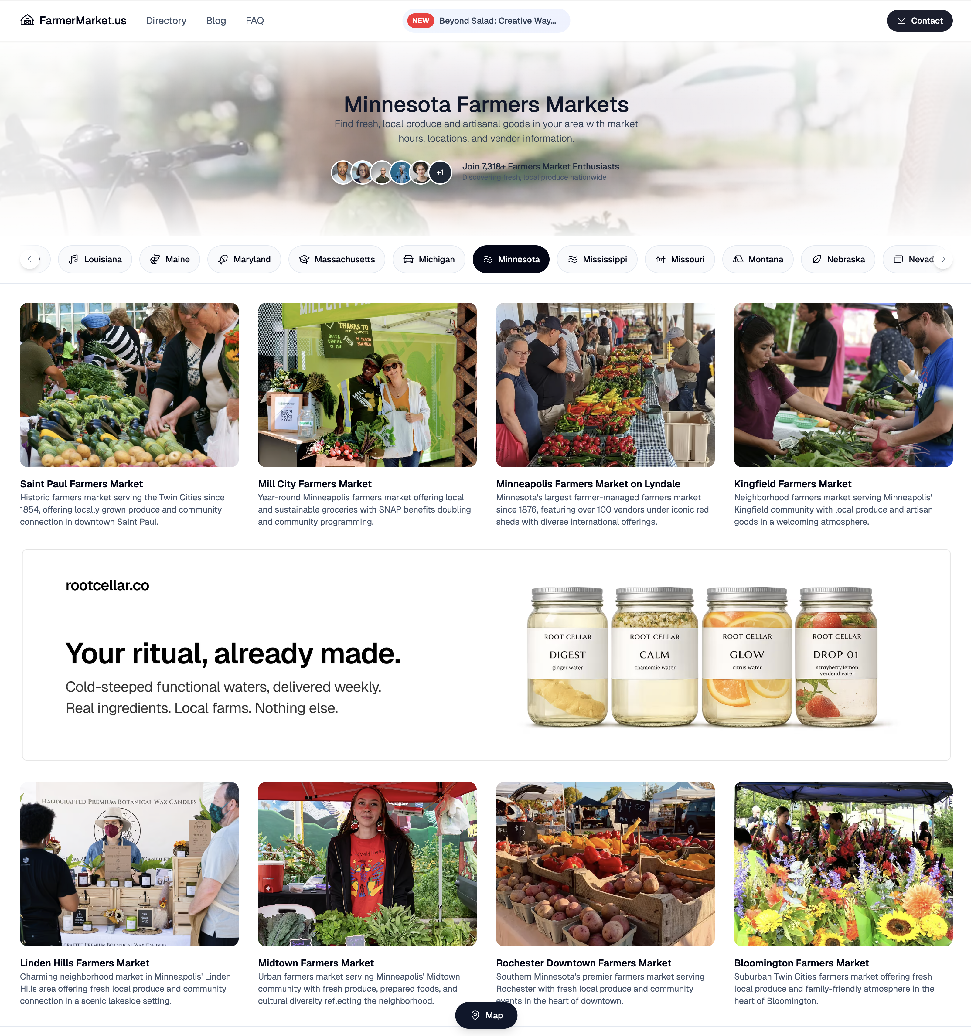 FarmerMarket.us homepage showing a nationwide farmers market directory with state-by-state browsing and featured markets